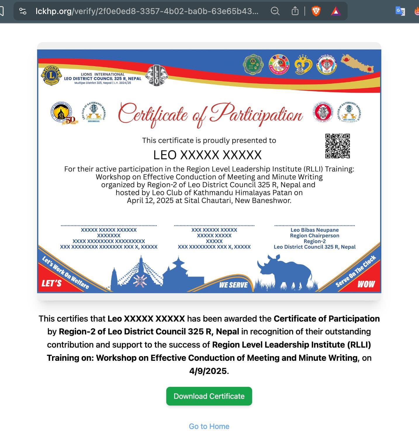 Leo Club of Kathmandu Himalayas Patan Introduces QR Code Verified Certificates